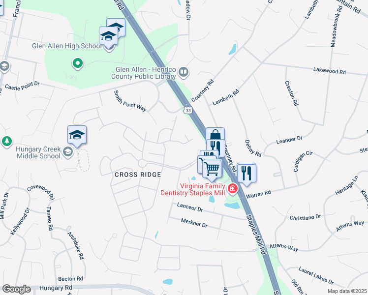 map of restaurants, bars, coffee shops, grocery stores, and more near 3308 Corrotoman Road in Glen Allen