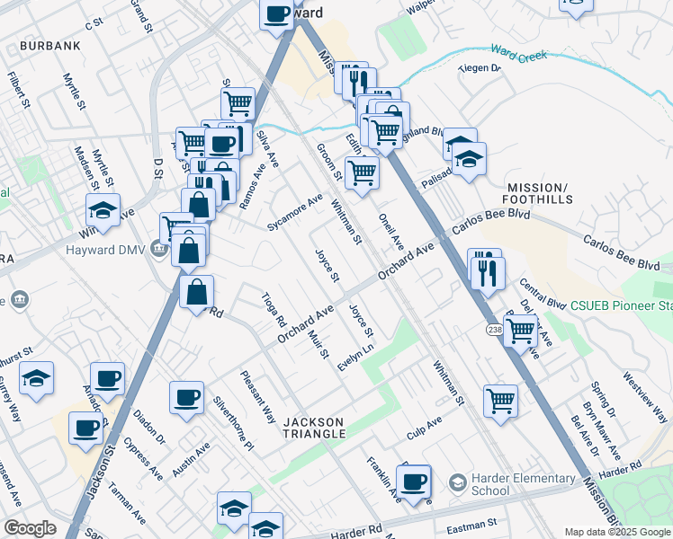 map of restaurants, bars, coffee shops, grocery stores, and more near 24764 Joyce Street in Hayward