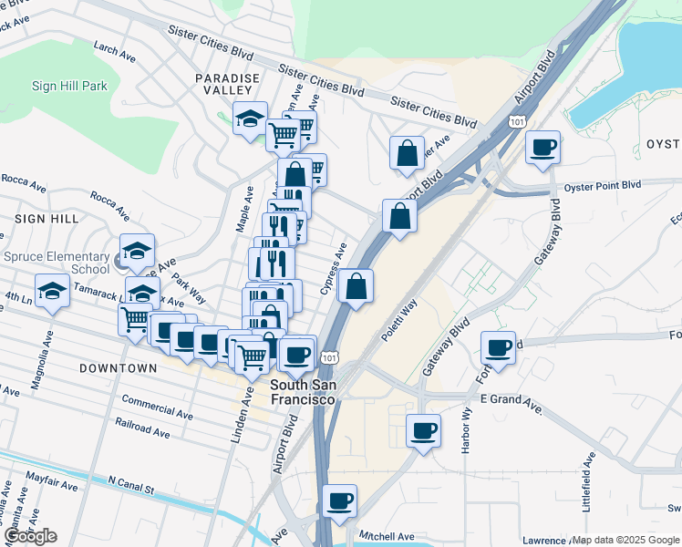 map of restaurants, bars, coffee shops, grocery stores, and more near 717 Airport Boulevard in South San Francisco