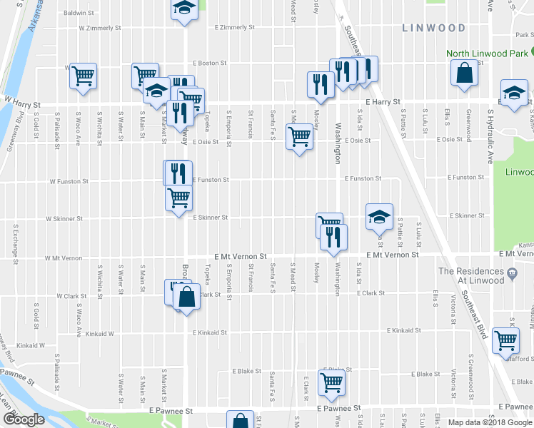 map of restaurants, bars, coffee shops, grocery stores, and more near 620 East Skinner Street in Wichita