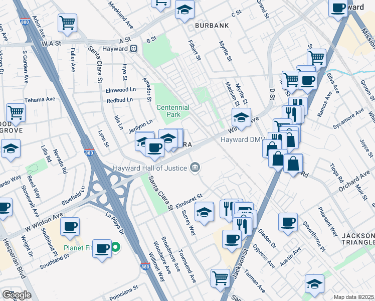 map of restaurants, bars, coffee shops, grocery stores, and more near West Winton Avenue & Amador Street in Hayward