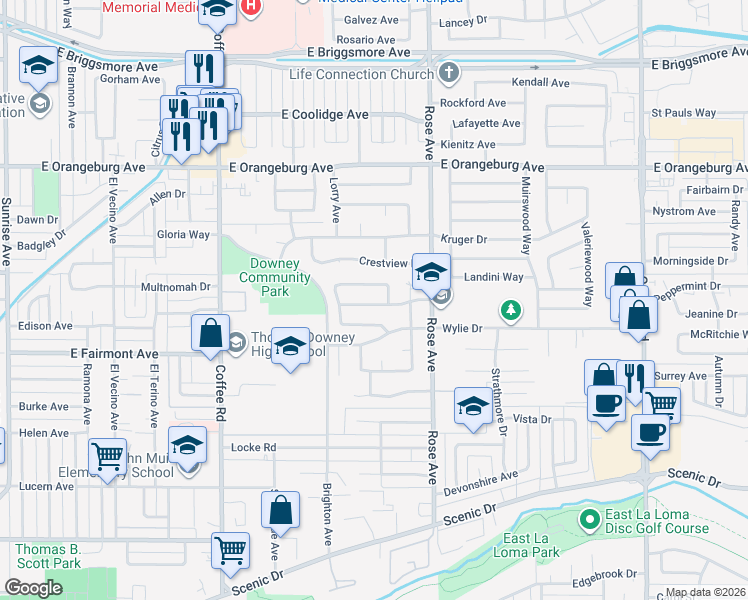 map of restaurants, bars, coffee shops, grocery stores, and more near 1609 Primrose Lane in Modesto