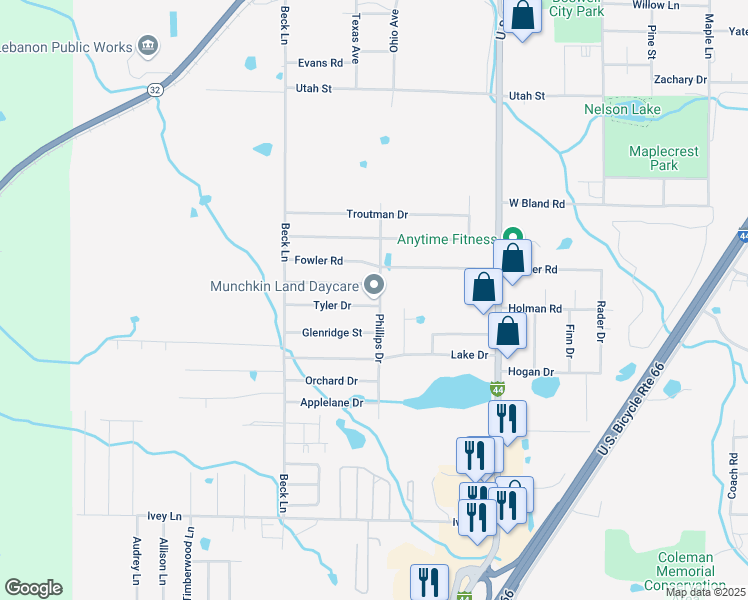 map of restaurants, bars, coffee shops, grocery stores, and more near 1113 Tyler Drive in Lebanon