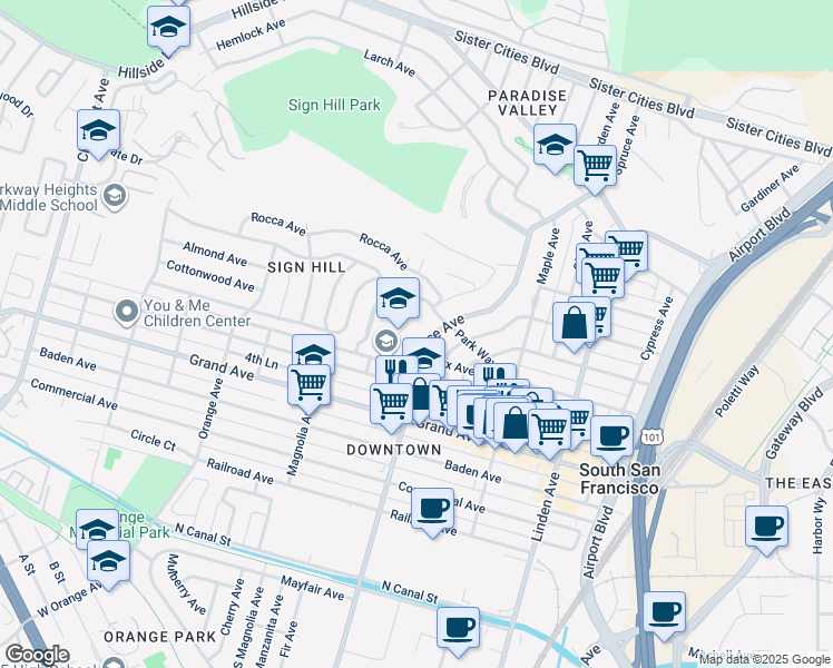 map of restaurants, bars, coffee shops, grocery stores, and more near 509 Spruce Avenue in South San Francisco
