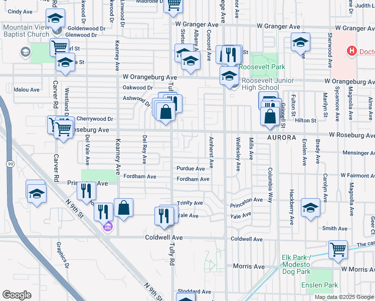 map of restaurants, bars, coffee shops, grocery stores, and more near 1228 West Roseburg Avenue in Modesto