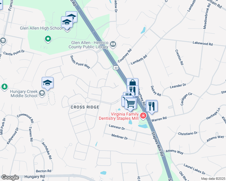 map of restaurants, bars, coffee shops, grocery stores, and more near 3308 Corrotoman Road in Glen Allen