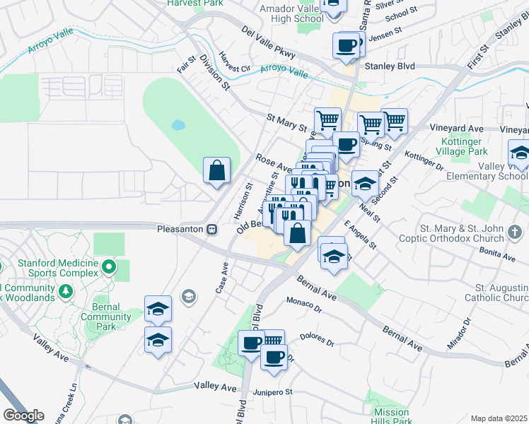 map of restaurants, bars, coffee shops, grocery stores, and more near 4704 Augustine Street in Pleasanton