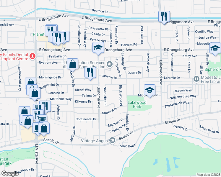 map of restaurants, bars, coffee shops, grocery stores, and more near 2621 Marblehead Circle in Modesto