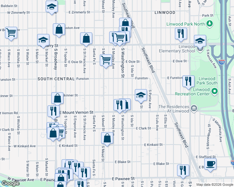 map of restaurants, bars, coffee shops, grocery stores, and more near 912 East Skinner Street in Wichita