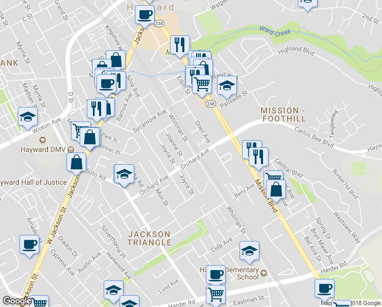 map of restaurants, bars, coffee shops, grocery stores, and more near 24857 Whitman Street in Hayward