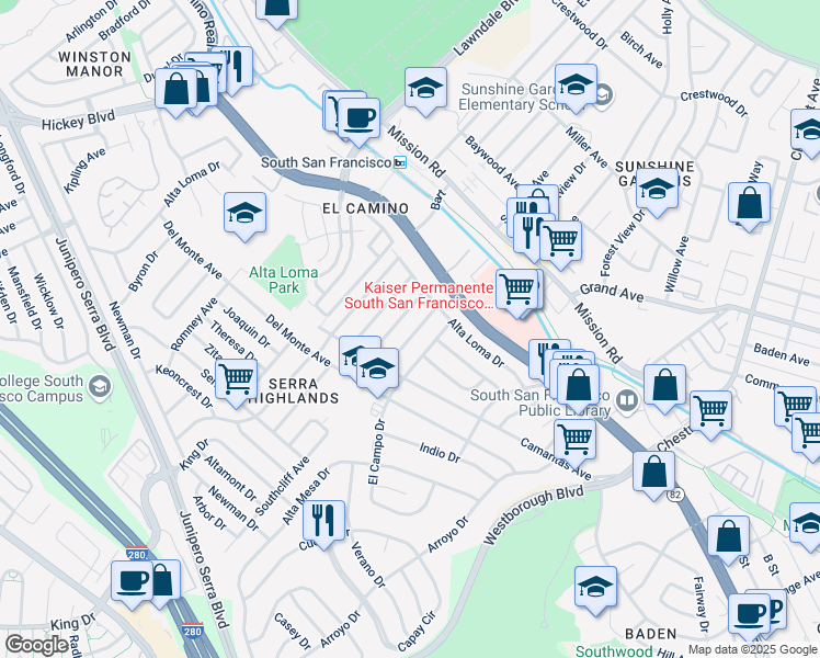 map of restaurants, bars, coffee shops, grocery stores, and more near 16 Los Flores Avenue in South San Francisco
