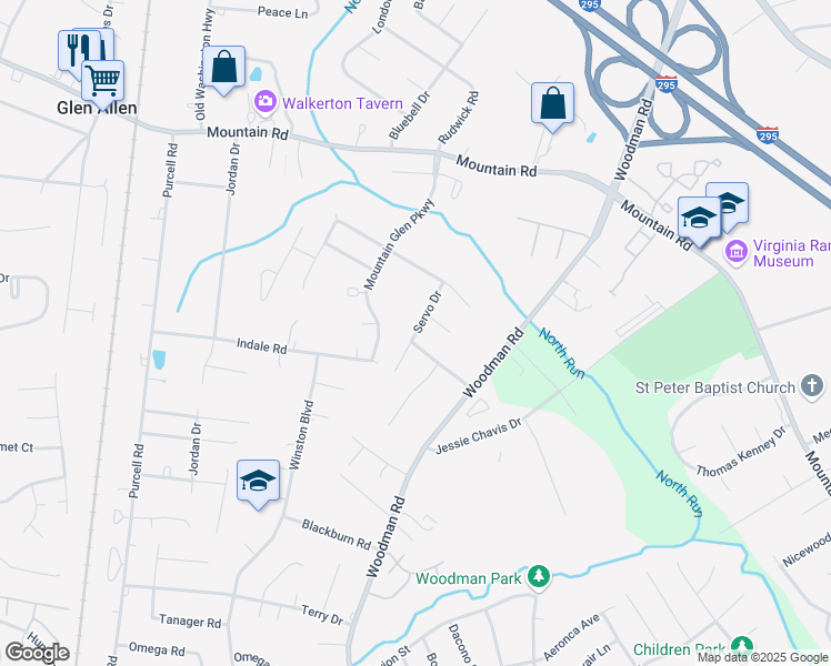map of restaurants, bars, coffee shops, grocery stores, and more near 10334 Servo Drive in Glen Allen