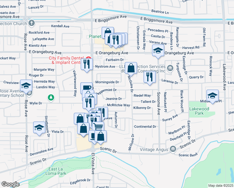 map of restaurants, bars, coffee shops, grocery stores, and more near 1112 Patty Way in Modesto