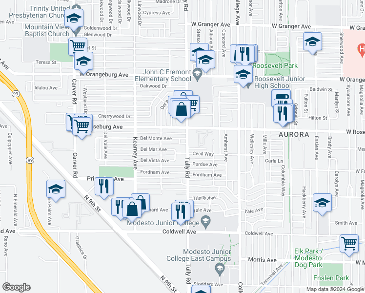 map of restaurants, bars, coffee shops, grocery stores, and more near 1107 Tully Road in Modesto