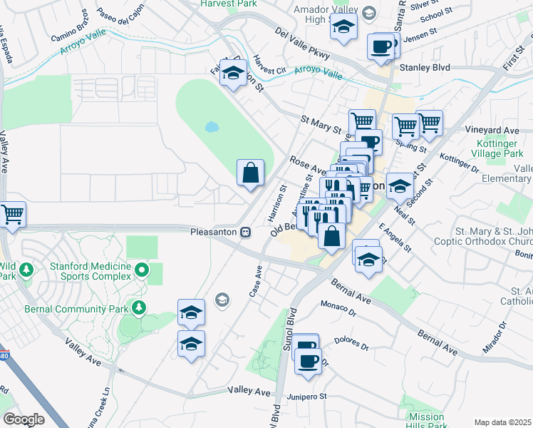 map of restaurants, bars, coffee shops, grocery stores, and more near 4819 Harrison Street in Pleasanton
