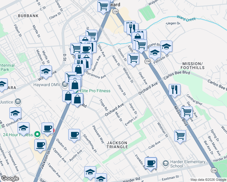 map of restaurants, bars, coffee shops, grocery stores, and more near 24649 Thomas Avenue in Hayward