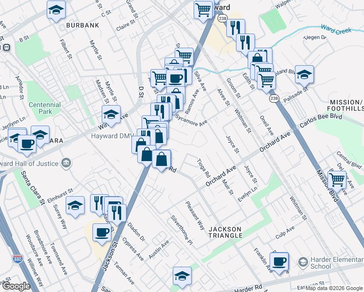 map of restaurants, bars, coffee shops, grocery stores, and more near 24605 Pontiac Street in Hayward