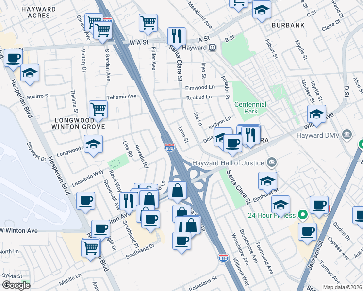 map of restaurants, bars, coffee shops, grocery stores, and more near 23795 Lynn Street in Hayward
