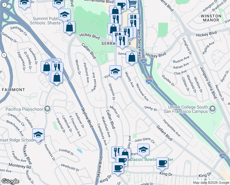 map of restaurants, bars, coffee shops, grocery stores, and more near 10 Parnell Avenue in Daly City