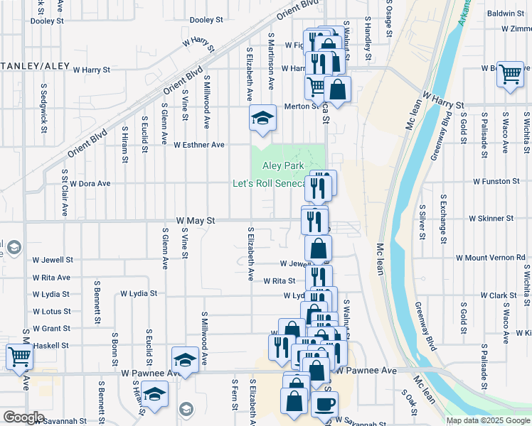 map of restaurants, bars, coffee shops, grocery stores, and more near 1324 West May Street in Wichita