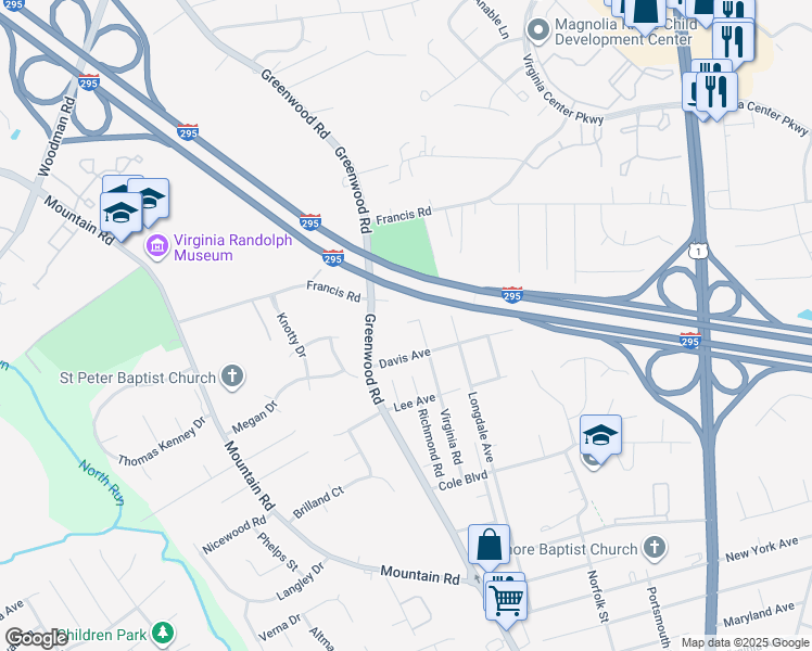 map of restaurants, bars, coffee shops, grocery stores, and more near 10320 Virginia Road in Glen Allen