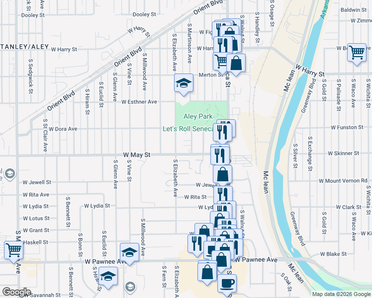 map of restaurants, bars, coffee shops, grocery stores, and more near 1324 West May Street in Wichita