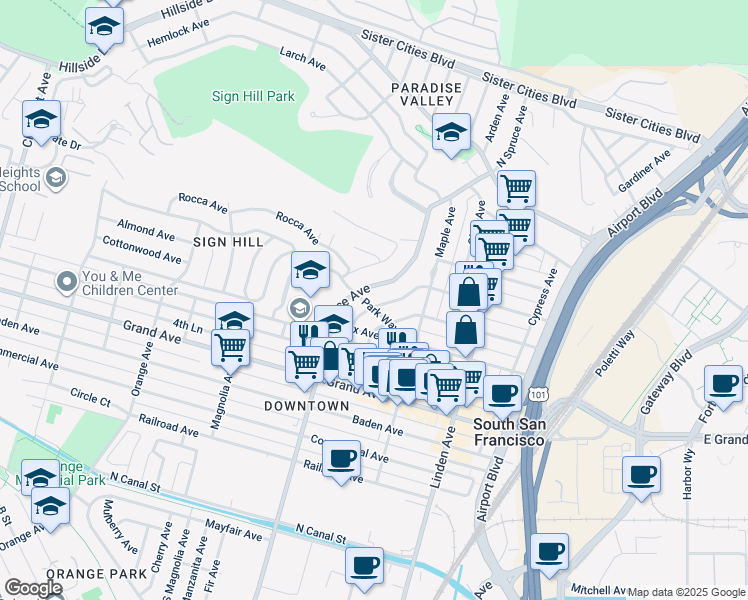 map of restaurants, bars, coffee shops, grocery stores, and more near 605 Pine Terrace in South San Francisco