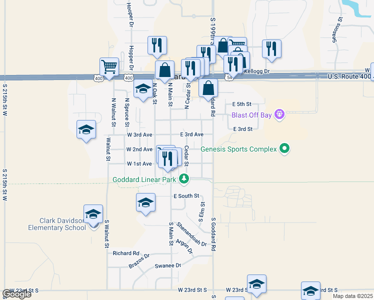 map of restaurants, bars, coffee shops, grocery stores, and more near 230 Cedar Street in Goddard