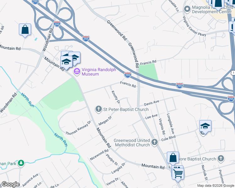 map of restaurants, bars, coffee shops, grocery stores, and more near 2028 Knotty Drive in Glen Allen