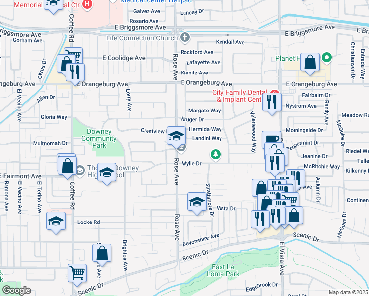 map of restaurants, bars, coffee shops, grocery stores, and more near 1120 Rose Avenue in Modesto