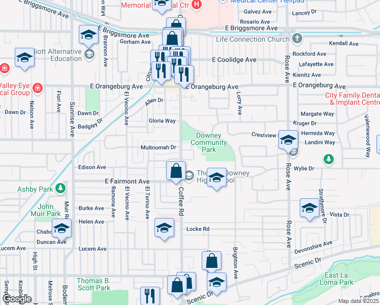 map of restaurants, bars, coffee shops, grocery stores, and more near 6 Chehalem Drive in Modesto