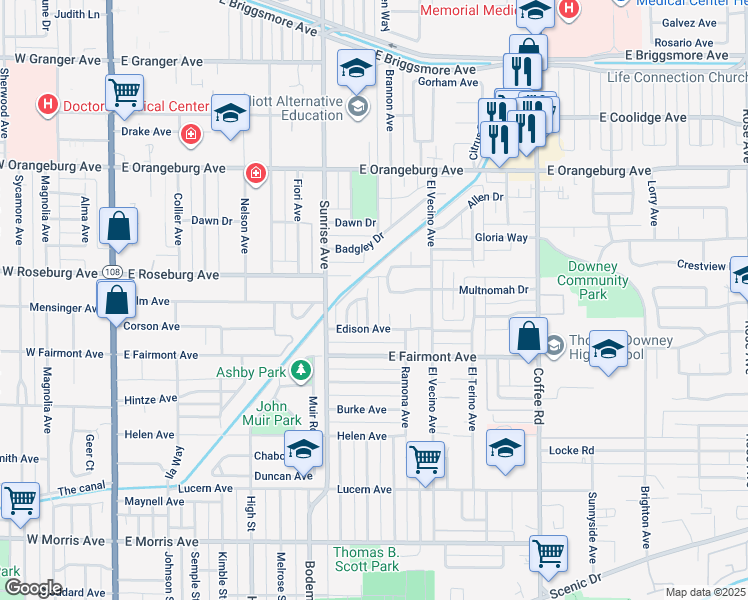 map of restaurants, bars, coffee shops, grocery stores, and more near 1124 Bel Air Court in Modesto