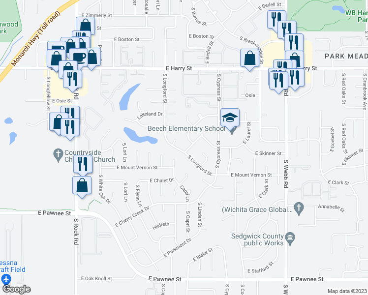 map of restaurants, bars, coffee shops, grocery stores, and more near 1840 Longford in Wichita