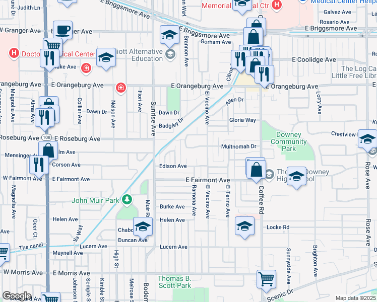 map of restaurants, bars, coffee shops, grocery stores, and more near 904 Multnomah Drive in Modesto