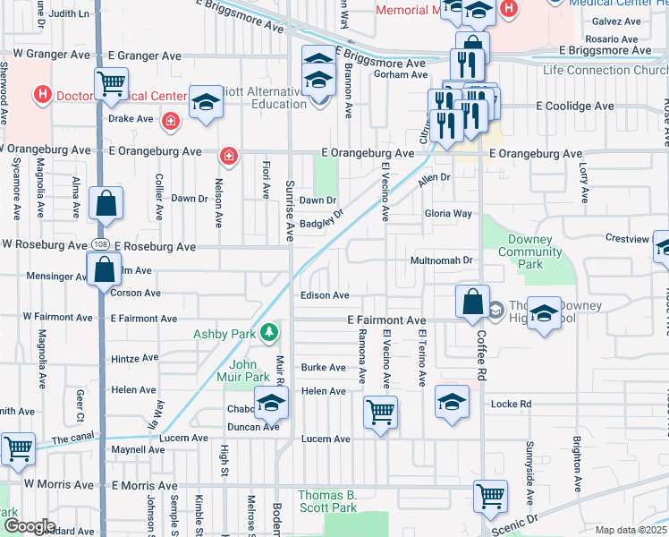 map of restaurants, bars, coffee shops, grocery stores, and more near 1124 Bel Air Court in Modesto