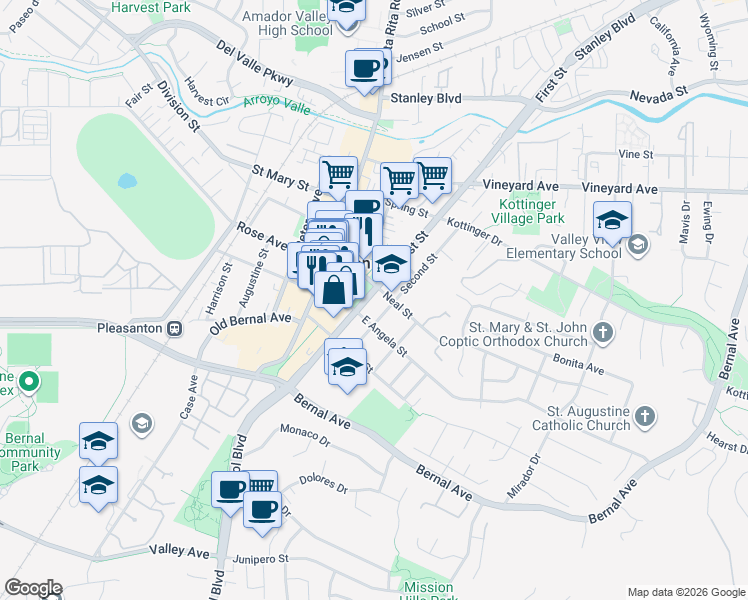 map of restaurants, bars, coffee shops, grocery stores, and more near 119 Neal Street in Pleasanton