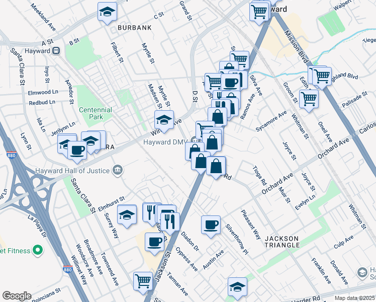 map of restaurants, bars, coffee shops, grocery stores, and more near 24505 Soto Road in Hayward