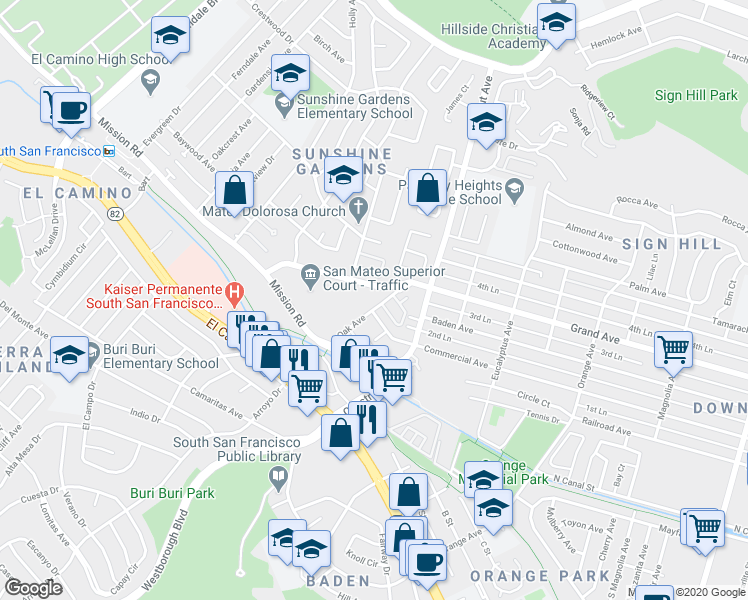 map of restaurants, bars, coffee shops, grocery stores, and more near 99 Oak Avenue in South San Francisco