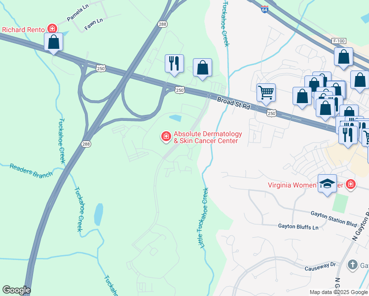 map of restaurants, bars, coffee shops, grocery stores, and more near 7304 Wilkes Ridge Place in Henrico