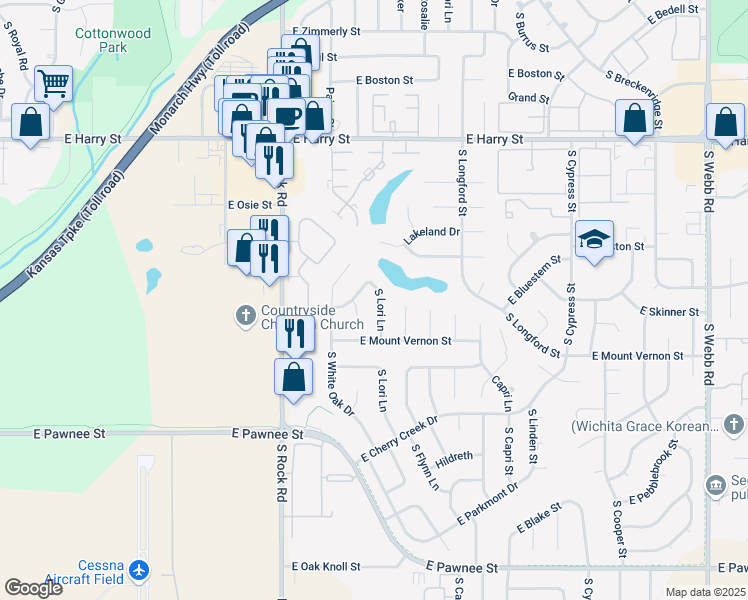 map of restaurants, bars, coffee shops, grocery stores, and more near 1921 South Lori Lane in Wichita