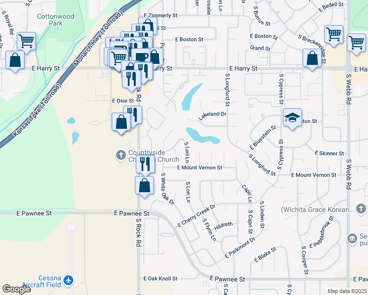 map of restaurants, bars, coffee shops, grocery stores, and more near 1921 South Lori Lane in Wichita