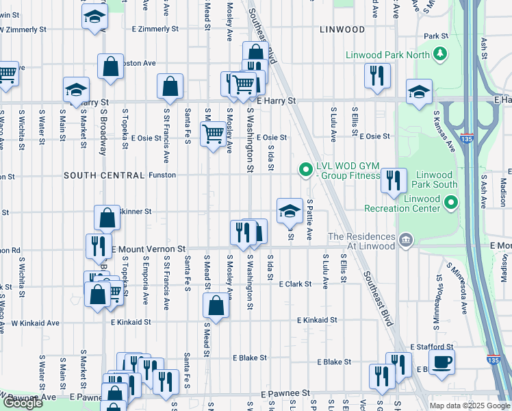 map of restaurants, bars, coffee shops, grocery stores, and more near 1000-1052 East Skinner Street in Wichita