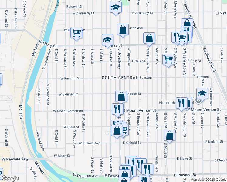 map of restaurants, bars, coffee shops, grocery stores, and more near 1856 South Market Street in Wichita