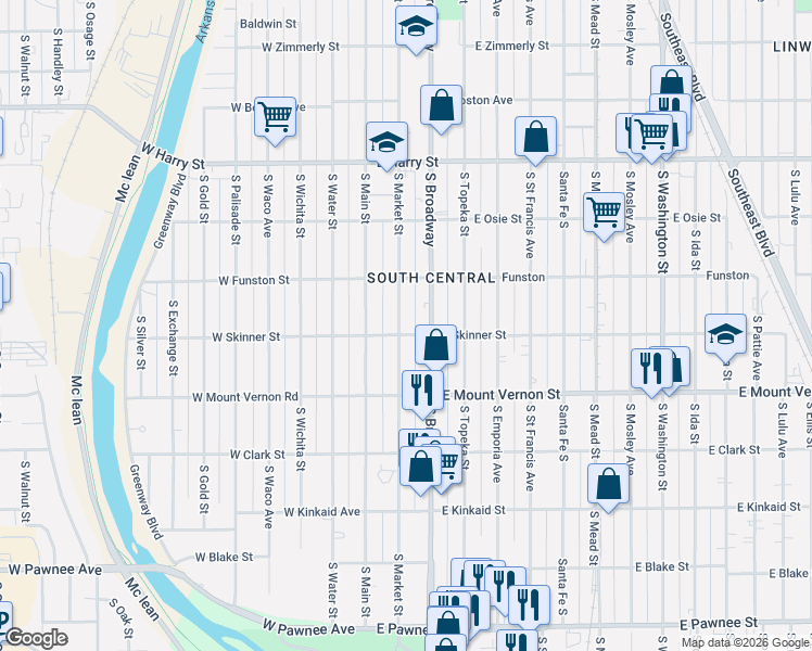 map of restaurants, bars, coffee shops, grocery stores, and more near 1856 South Market Street in Wichita