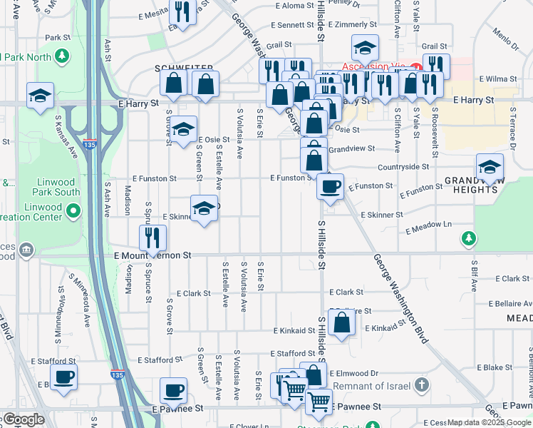 map of restaurants, bars, coffee shops, grocery stores, and more near 1864 South Erie Street in Wichita