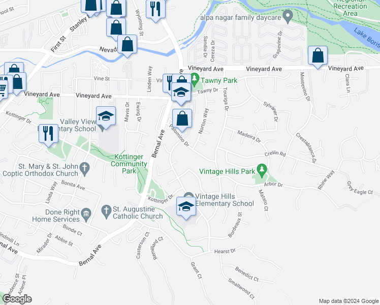 map of restaurants, bars, coffee shops, grocery stores, and more near 763 Palomino Drive in Pleasanton