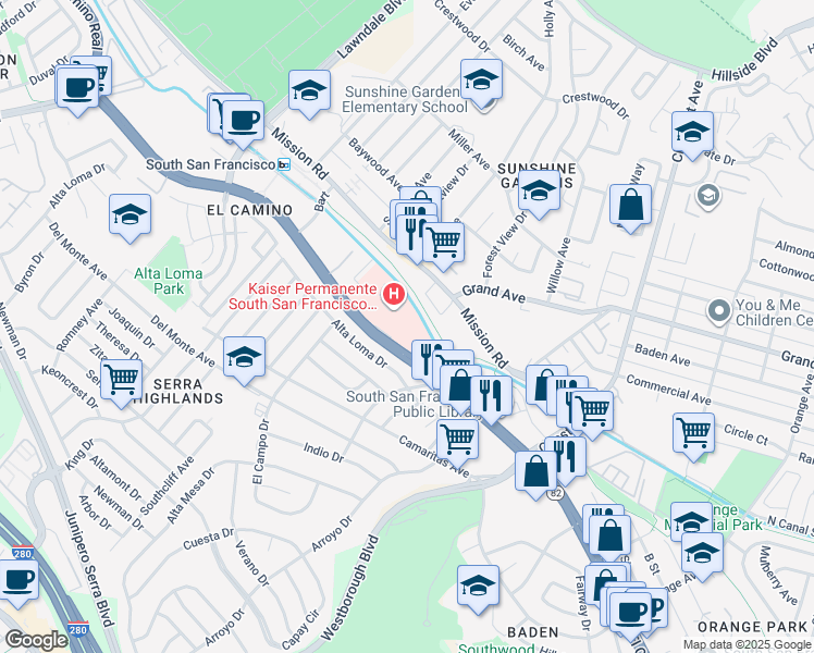 map of restaurants, bars, coffee shops, grocery stores, and more near Miller Avenue in South San Francisco
