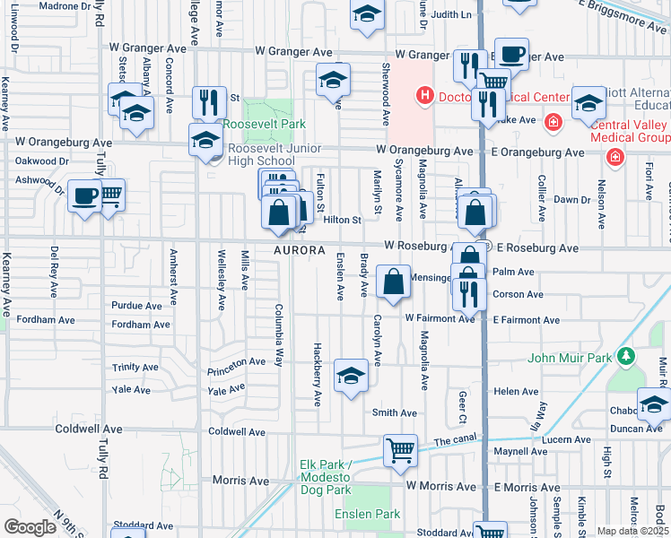map of restaurants, bars, coffee shops, grocery stores, and more near 1103 Enslen Avenue in Modesto