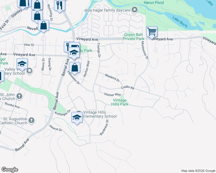 map of restaurants, bars, coffee shops, grocery stores, and more near 970 Crellin Road in Pleasanton