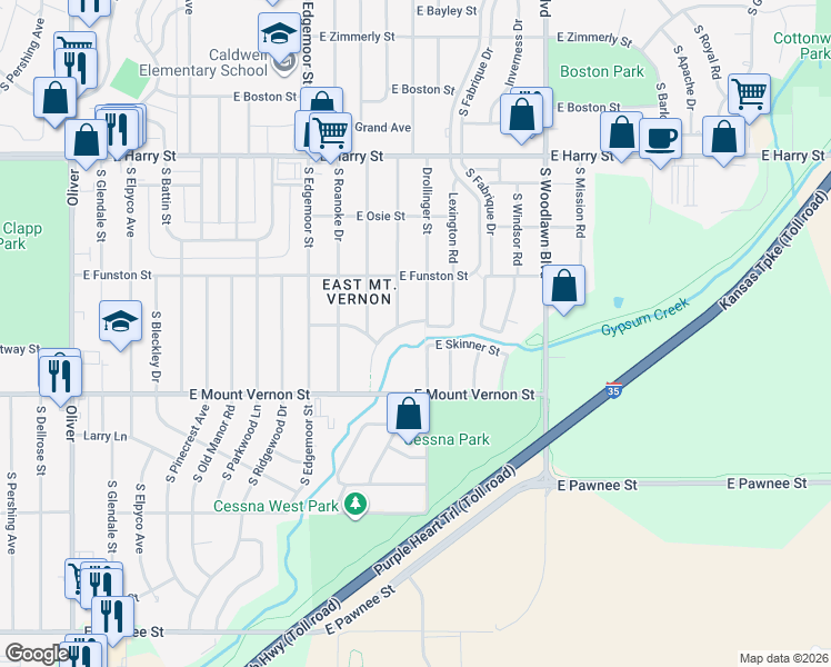 map of restaurants, bars, coffee shops, grocery stores, and more near 5911 East Skinner Street in Wichita